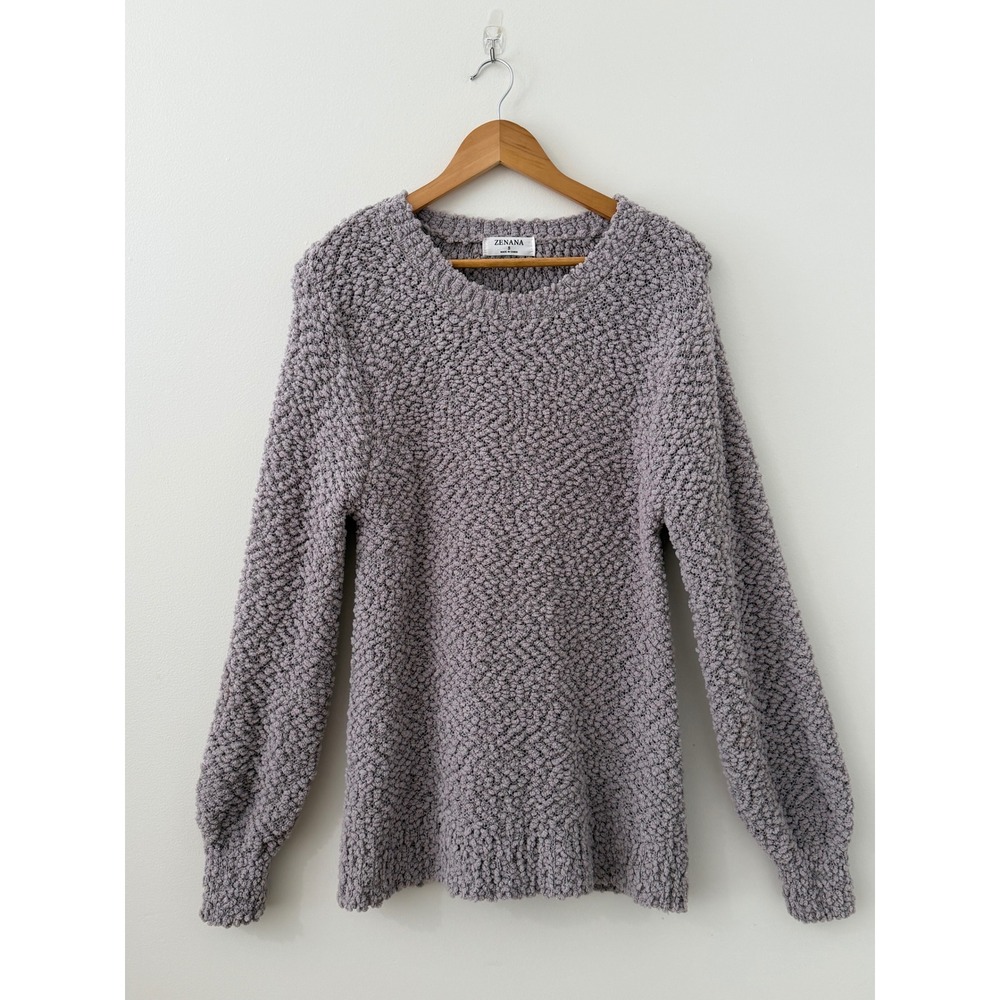 Zenana Gray Popcorn Knit Hygge Sweater S Cozy Textured Crewneck Balloon Sleeve - Picture 3 of 8